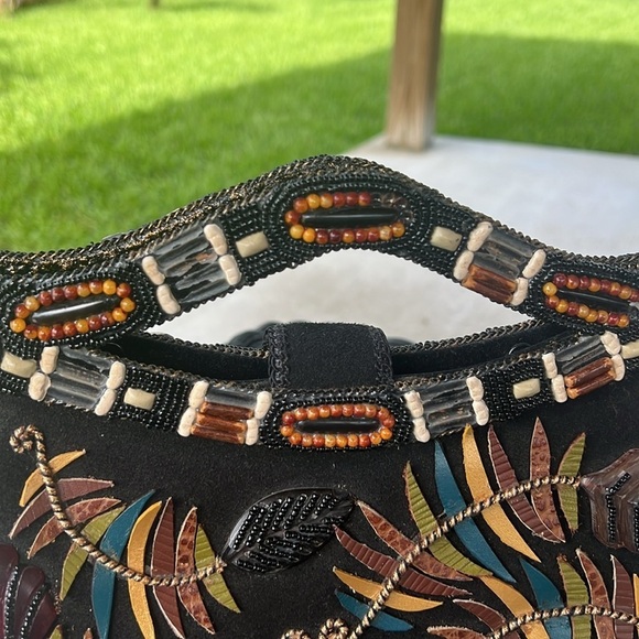 Mary Frances Vintage Beaded Handbag Black Suede Boho Leaf Design – Missing Beads - Picture 2 of 10